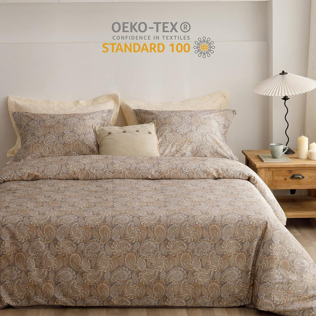 HeimenAogo Egyptian Cotton Duvet Cover Queen Size Sateen Weave, Silky Soft Boho Duvet Cover Zipper Closure, Long Staple Cotton Bed Linen Paisley Pattern 3Pcs