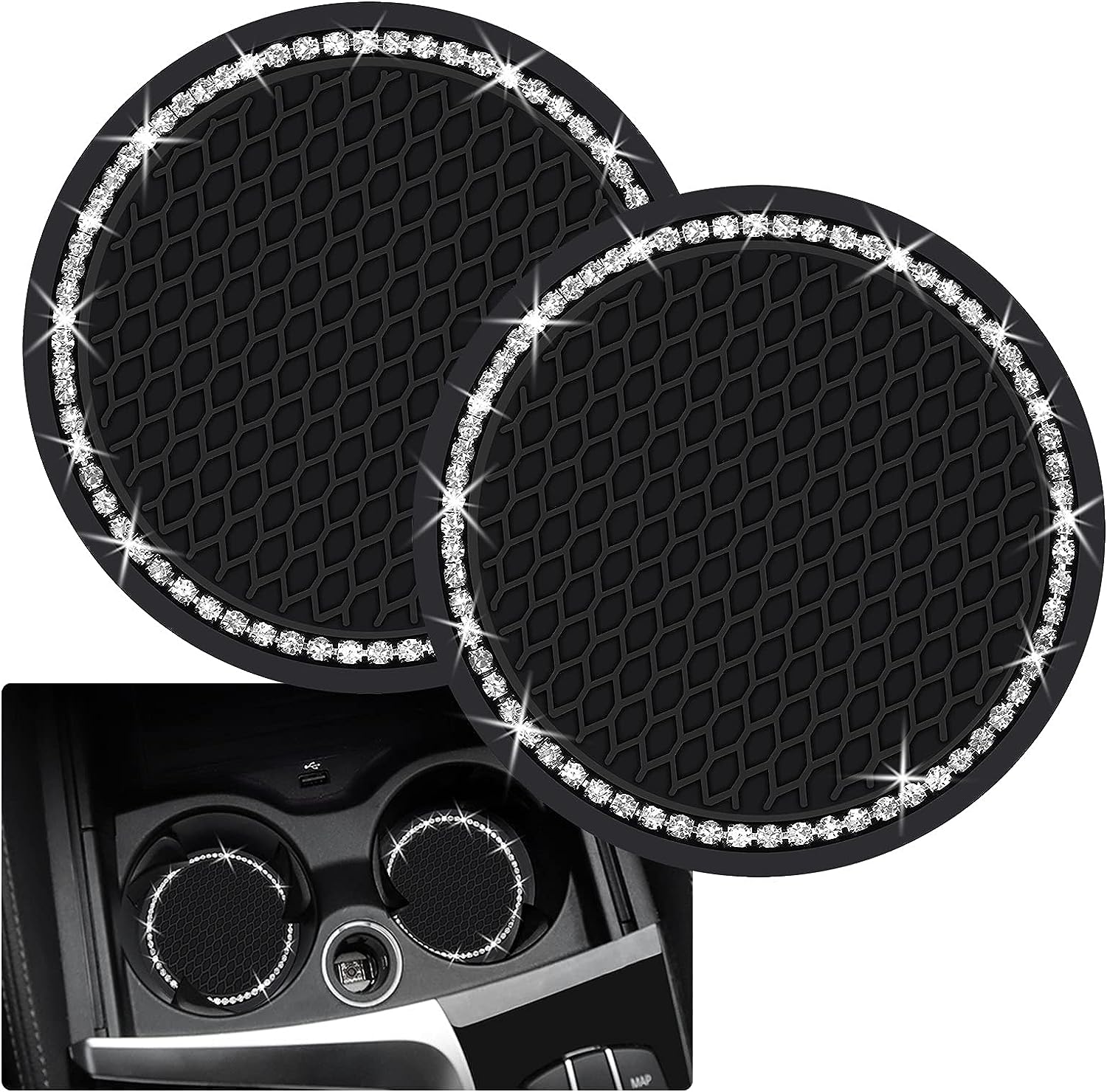2PCS Bling Car Cup Coaster, 2.75 Inch Auto Car Cup Holder Insert Coasters Silicone Anti-Slip Crystal Rhinestone Drink Car Cup Mat, Universal Vehicle Interior Accessories for Women Girls (Black)