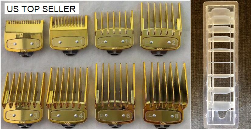 Gold Hair Clipper Guides Combs Guards 8 pcs Metal Clip Plus Holder