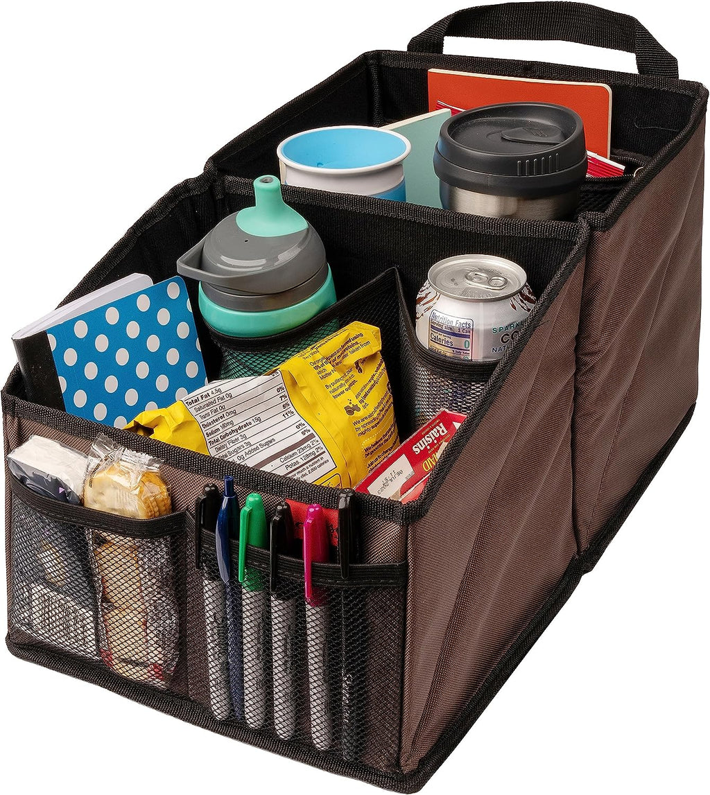 Lusso Gear Car Seat Organizer with Cup Holders for Front, Back, Passenger Seats, Truck and Van, 9 Auto Storage Compartments for Travel Organization of Trunk, Seats, Mobile Office (Brown)