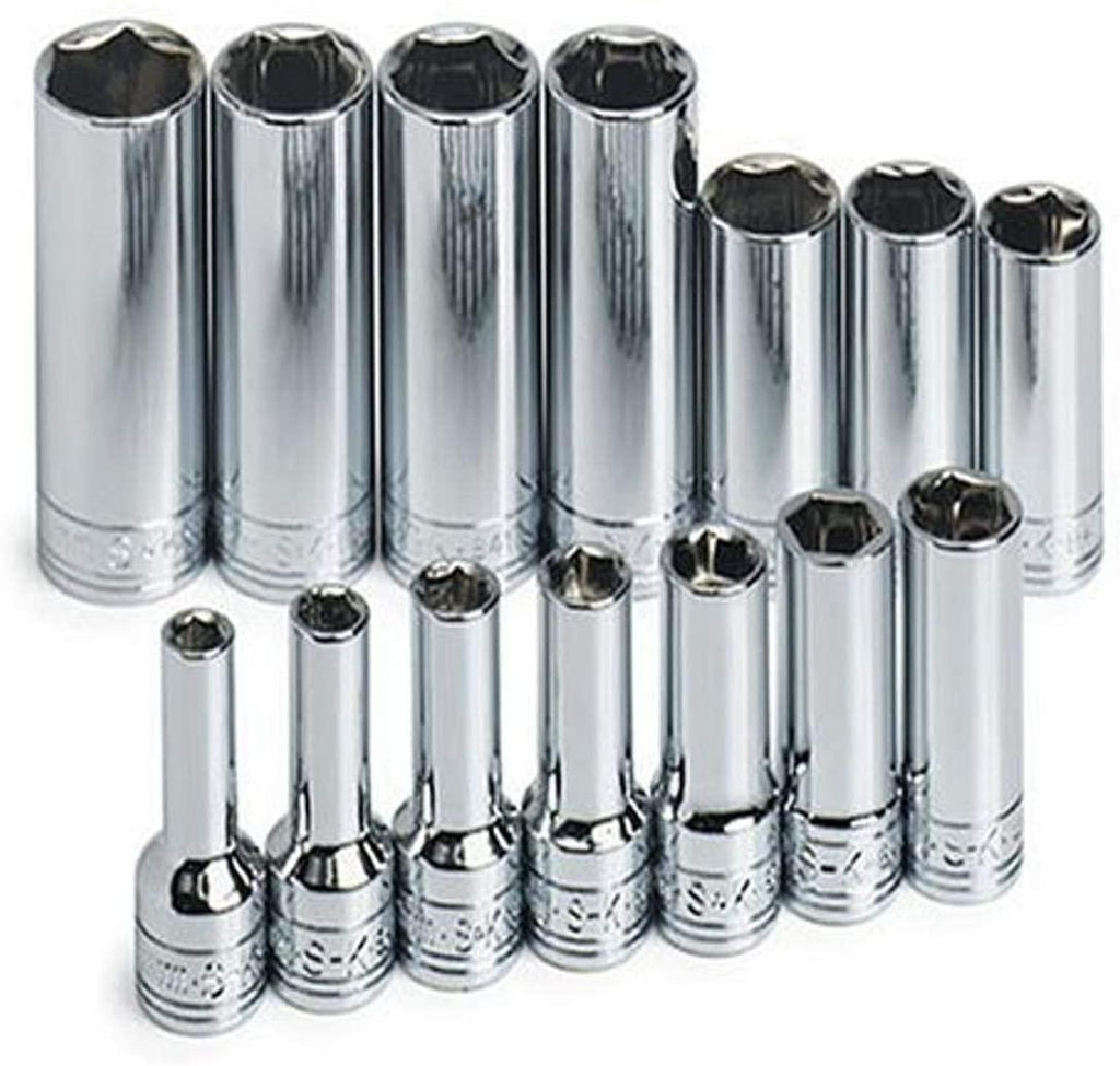 SK Professional Tools 1854 14-Piece 3/8 in. Drive 6-Point Deep Metric Socket Set - Chrome Socket Set with Super Chrome Finish | Set of 11 Sockets Made in USA