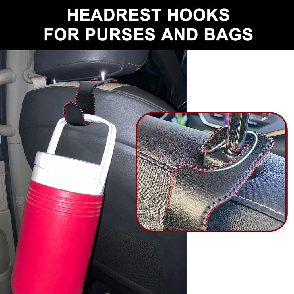 EldHus Seat Hooks for Purses and Bags, 2 Pack Car Purse Holder for Grocery Bag Handbag Clothes, Metal Headrest Hooks Covered by Leather, Black Red