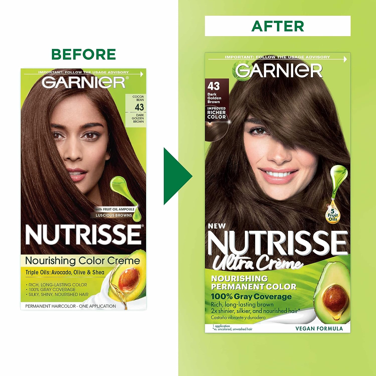 Garnier Hair Color Nutrisse Nourishing Creme, 43 Dark Golden Brown (Cocoa Bean) Permanent Hair Dye, 1 Count (Packaging May Vary)
