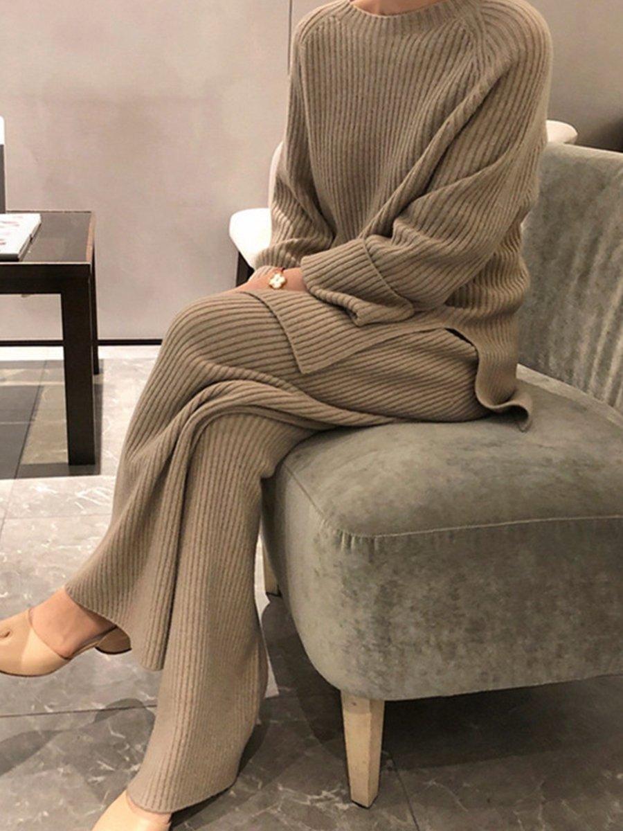 Women's Simple Hem Slit Ribbed Woolen Design Suit