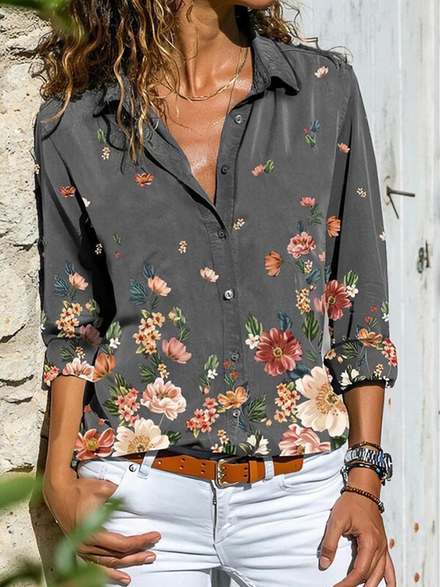 Turn Down Collar Floral Print Long Sleeve Blouse