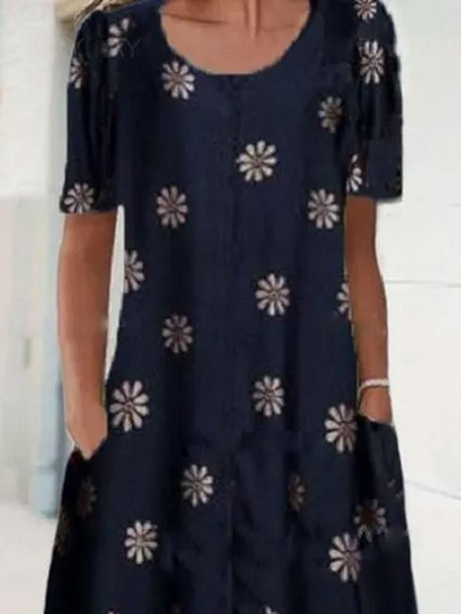 Round Neck Floral Print Loose Short Sleeve Shift Dress