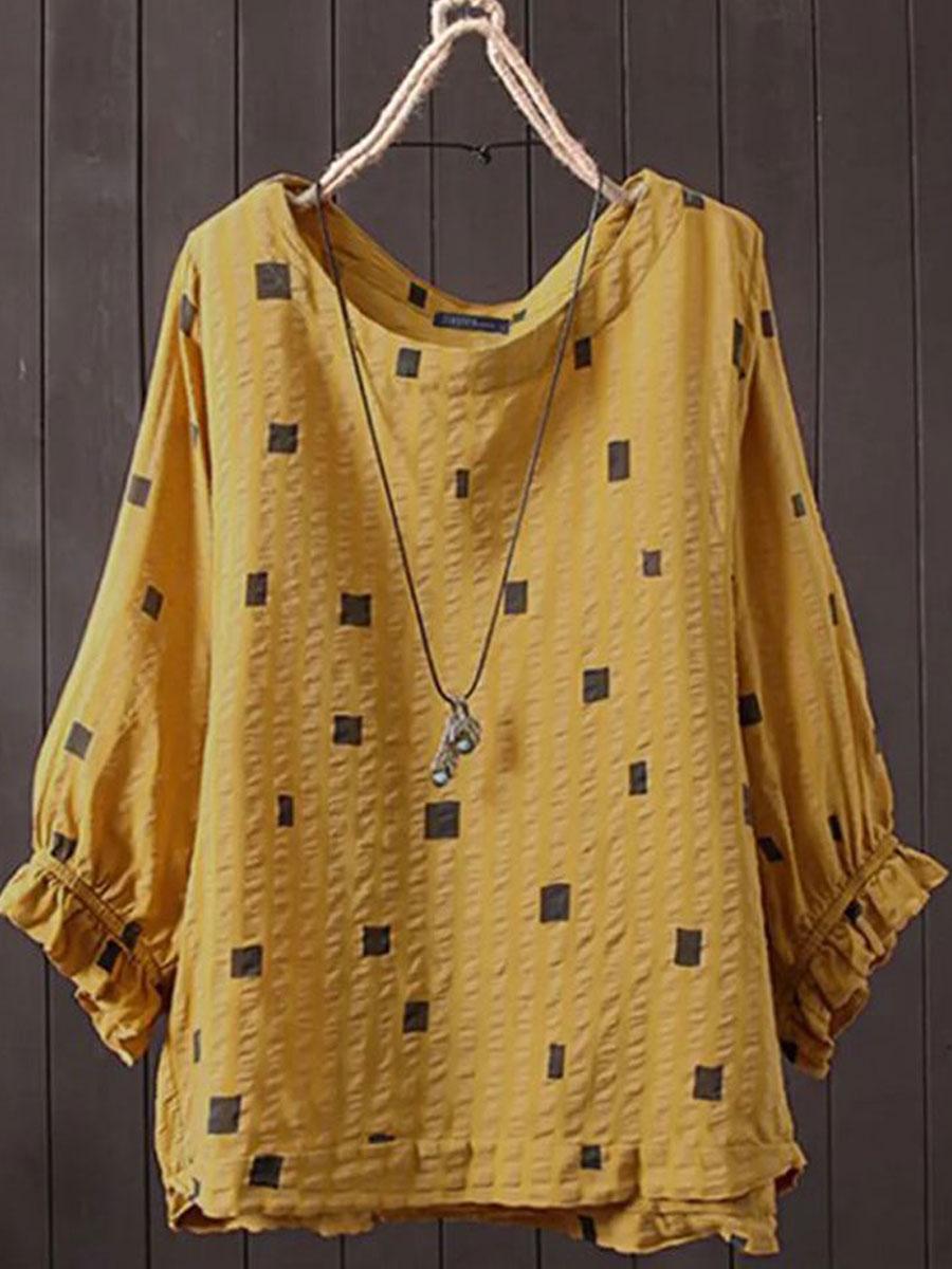 Retro Geometric Print 3/4 Sleeve Lapel Blouse