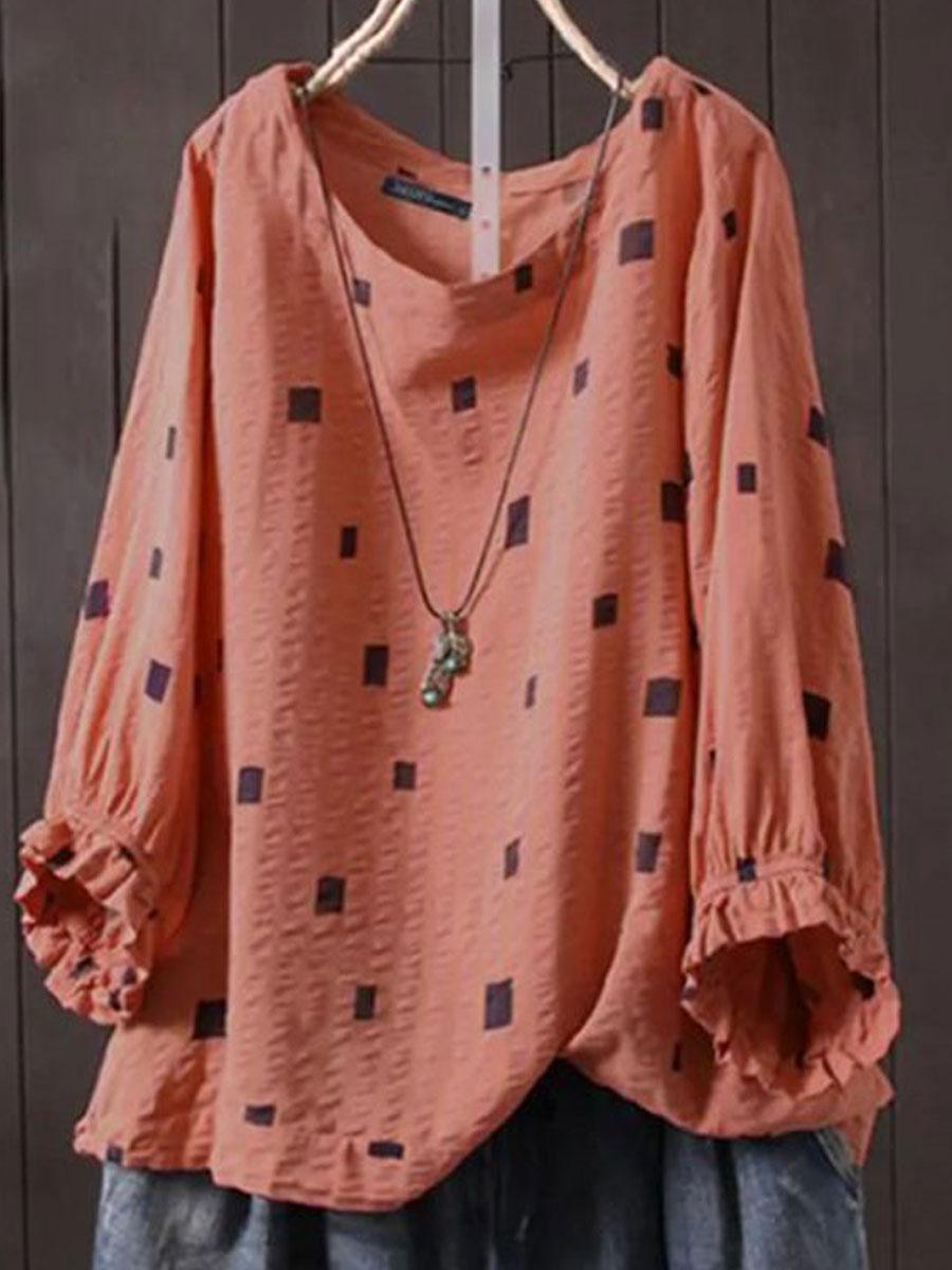 Retro Geometric Print 3/4 Sleeve Lapel Blouse