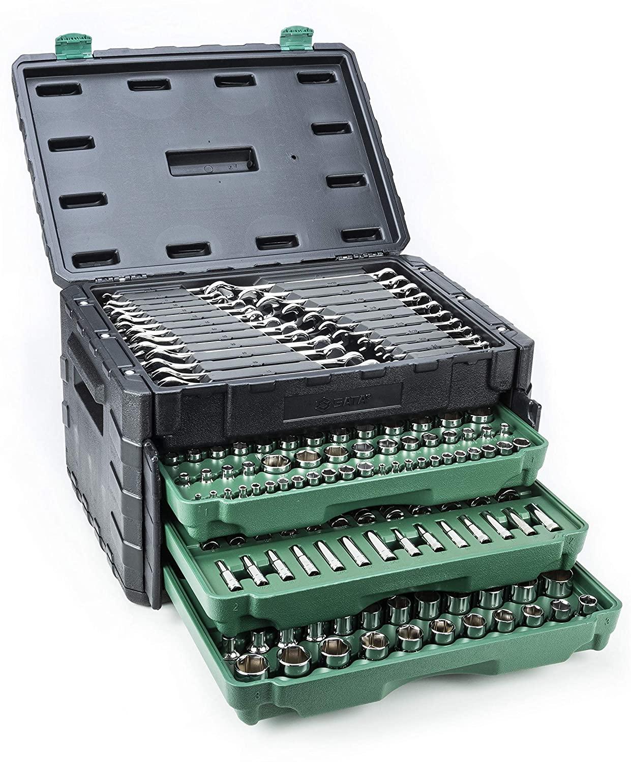 SATA 213-Piece 1/4-Inch, 3/8-Inch, 1/2-Inch Drive Three Drawer Mechanic's Tool Set With 72T Ratchets and 107 Sockets- ST09512U