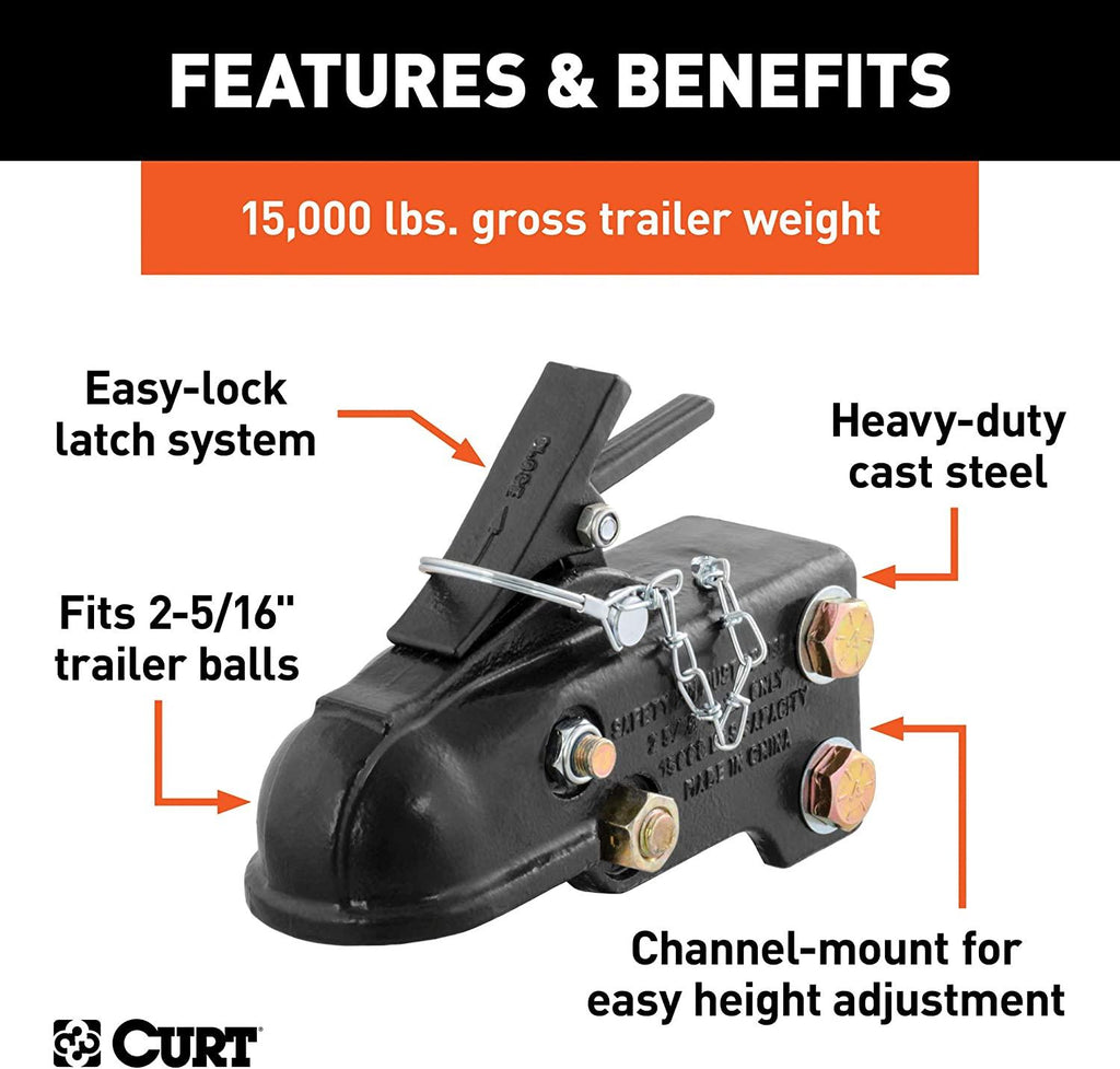 CURT 25328 Channel-Mount Adjustable Trailer Coupler, 2-5/16-Inch Hitch Ball, 15,000 lbs