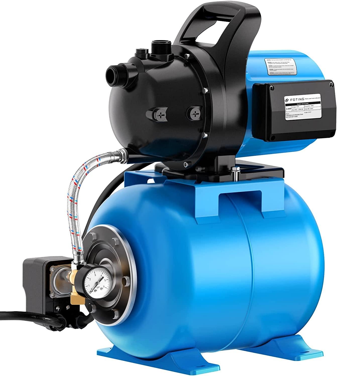 FOTING 1.6HP Shallow Well Pump with Pressure Tank 1268GPH Irrigation Pump, Automatic Water Booster Pump for Home Garden Lawn Farm