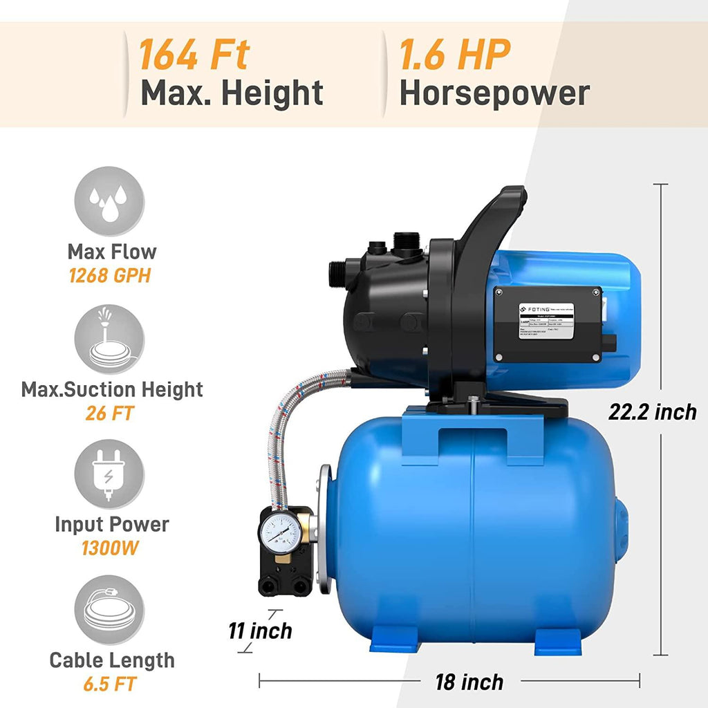FOTING 1.6HP Shallow Well Pump with Pressure Tank 1268GPH Irrigation Pump, Automatic Water Booster Pump for Home Garden Lawn Farm