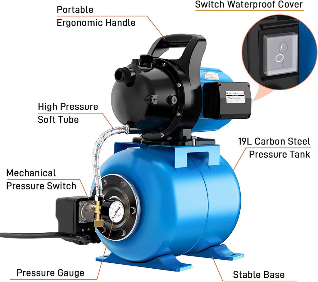 FOTING 1.6HP Shallow Well Pump with Pressure Tank 1268GPH Irrigation Pump, Automatic Water Booster Pump for Home Garden Lawn Farm