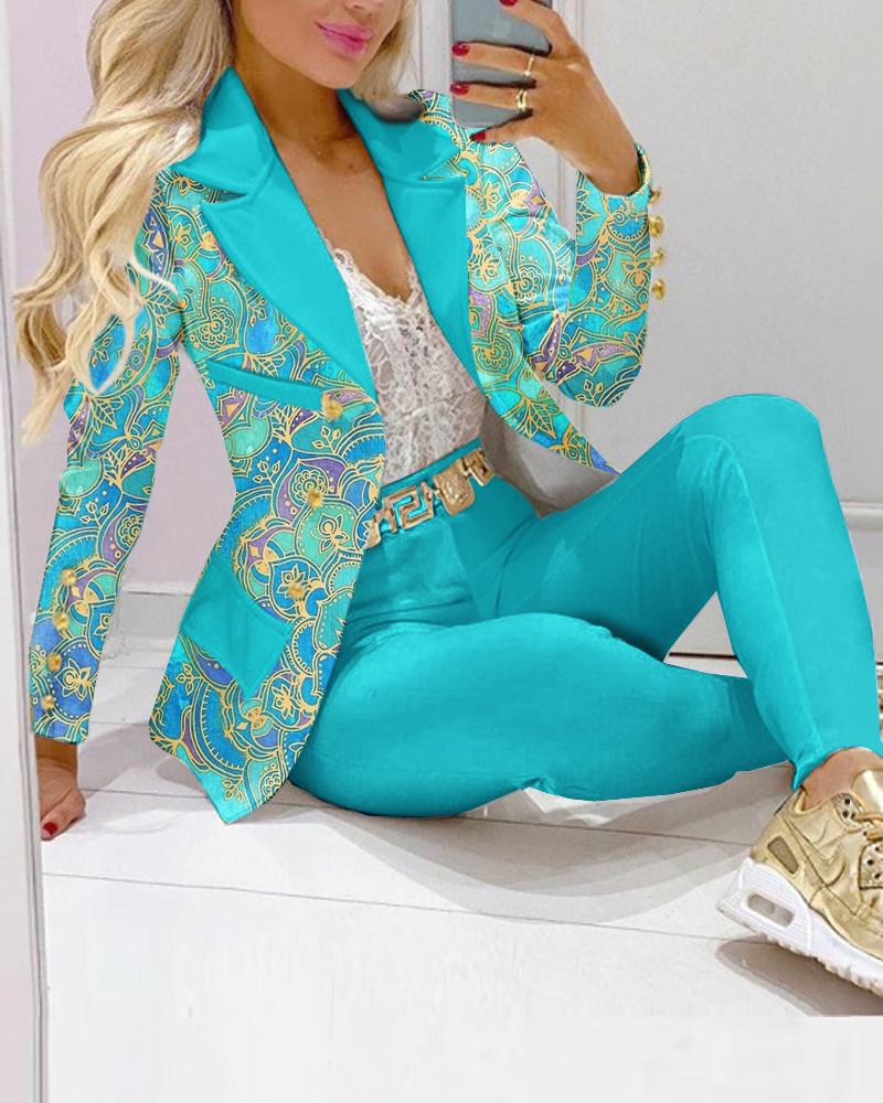 Women's Fashion Casual Blue Bottom Yellow Print Suit Suit