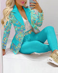 Women's Fashion Casual Blue Bottom Yellow Print Suit Suit