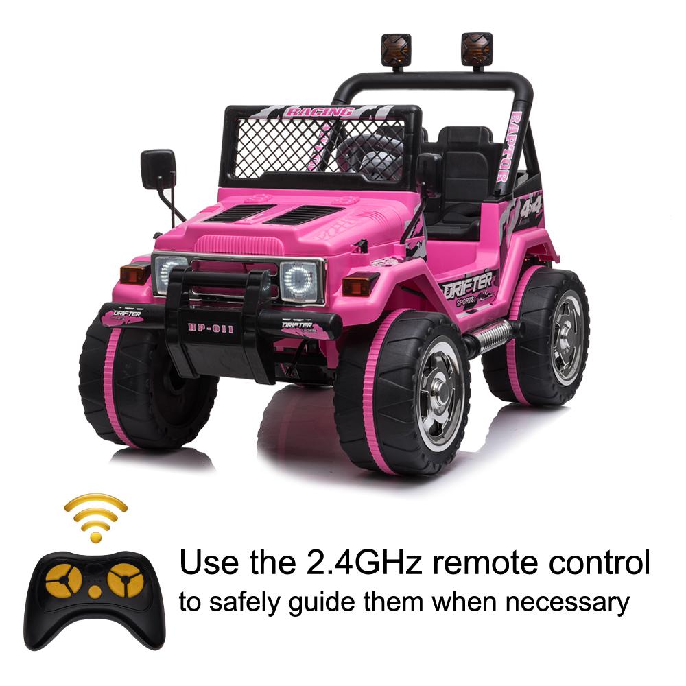 12V Power Wheels, 3 Speeds Ride On Car Truck for Child 3-8, Double Drive Electric Cars for Kids with Remote Control, LED Lights, Vehicle for Christmas Gifts to Ride on Pavement Grass Mud, Pink, Q8037