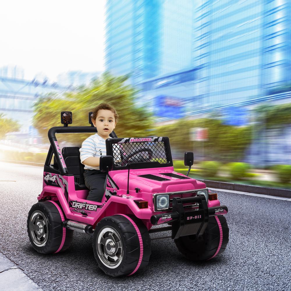 12V Power Wheels, 3 Speeds Ride On Car Truck for Child 3-8, Double Drive Electric Cars for Kids with Remote Control, LED Lights, Vehicle for Christmas Gifts to Ride on Pavement Grass Mud, Pink, Q8037