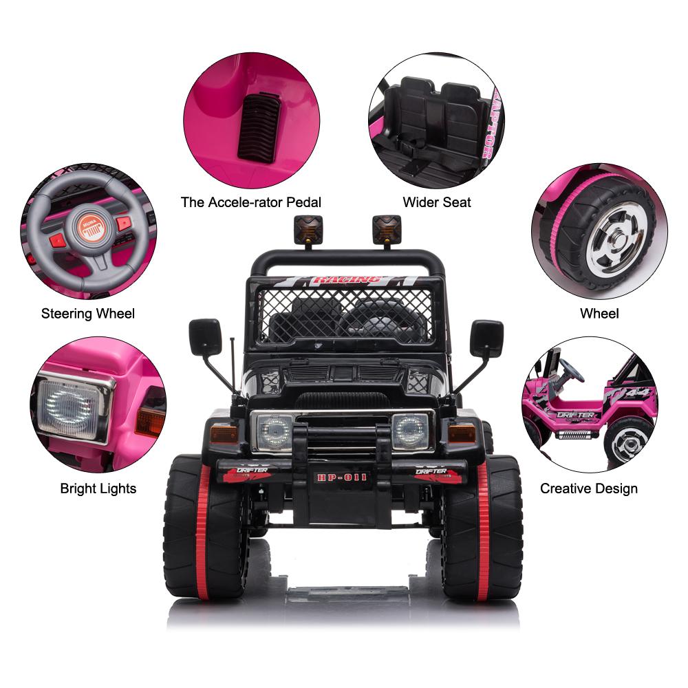 12V Power Wheels, 3 Speeds Ride On Car Truck for Child 3-8, Double Drive Electric Cars for Kids with Remote Control, LED Lights, Vehicle for Christmas Gifts to Ride on Pavement Grass Mud, Pink, Q8037