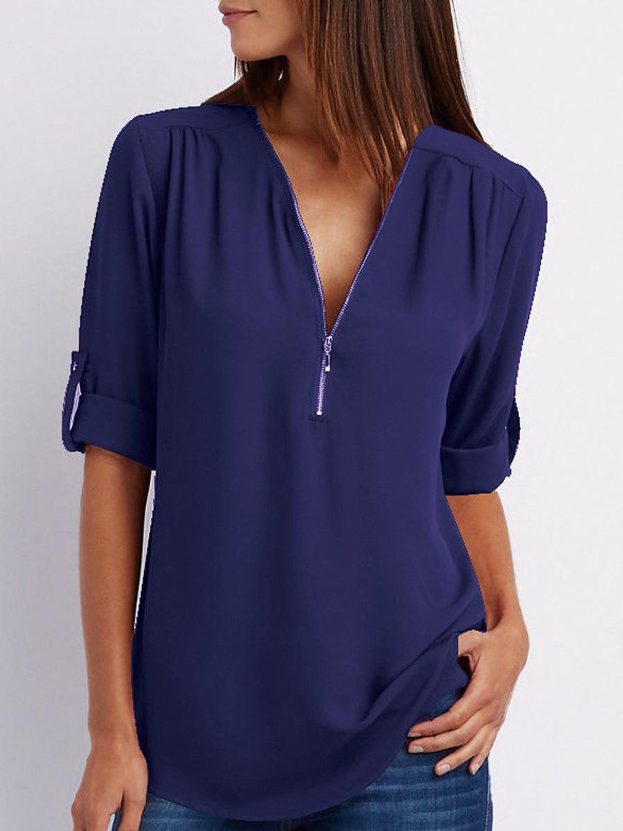 V-Neck  Zips  Plain  Roll-Up Sleeve  Long Sleeve Blouses