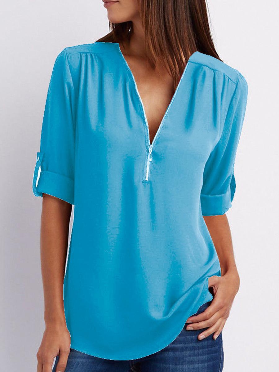 V-Neck  Zips  Plain  Roll-Up Sleeve  Long Sleeve Blouses