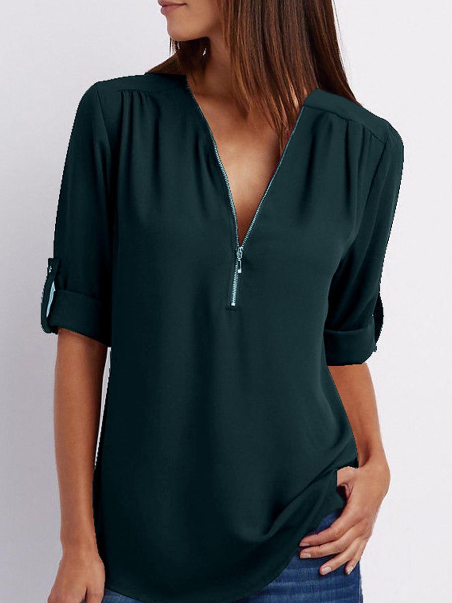V-Neck  Zips  Plain  Roll-Up Sleeve  Long Sleeve Blouses