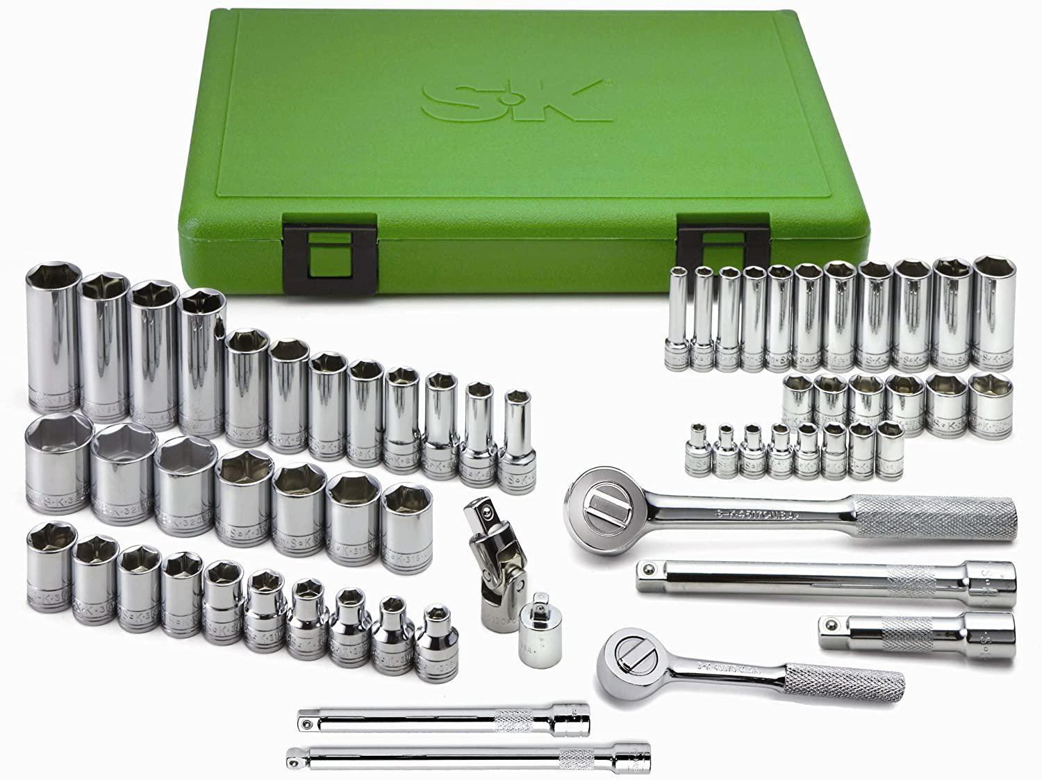 SK Hand Tool 94562 Drive Standard Deep Metric Socket Set in Chrome Finish – 3/8-Inch, 62-Piece Corrosion Resistant Instrument Kit for Mechanical Work. Metal Hardware Tools