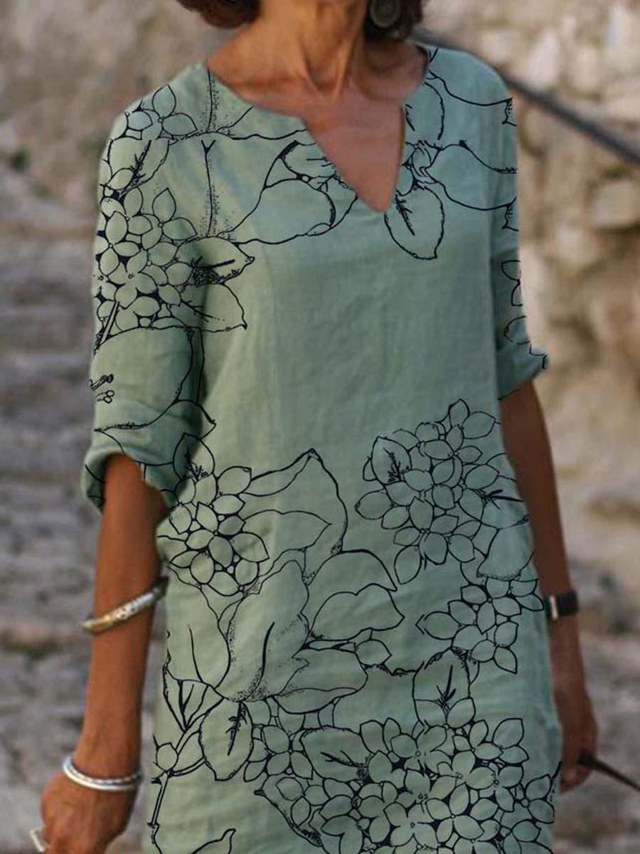 Casual Floral Print V-neck Midi Dress