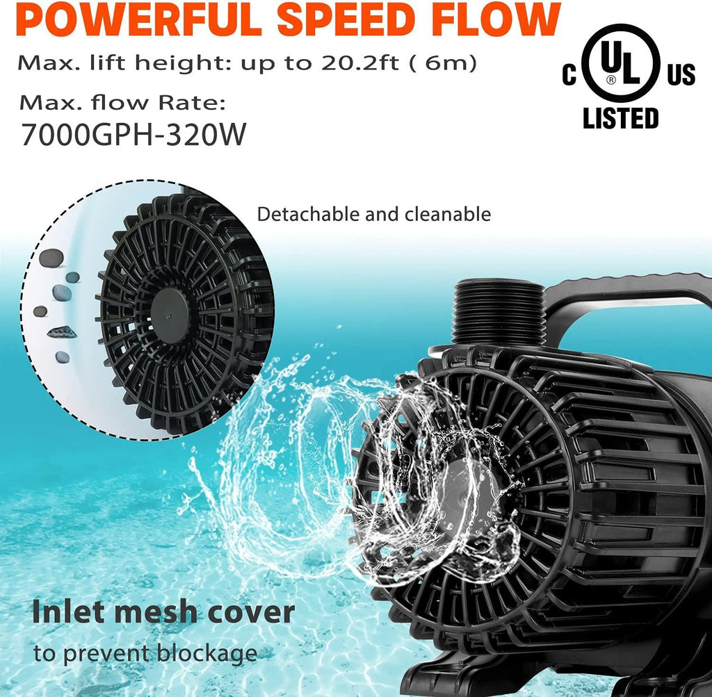 WaterRebirth (7000GPH-320W, UL listed) High Flow Submersible Water Pump - Pond Pump - Submersible Pump - Water Fountain Pump - Aquarium Pump ,PS- 7000