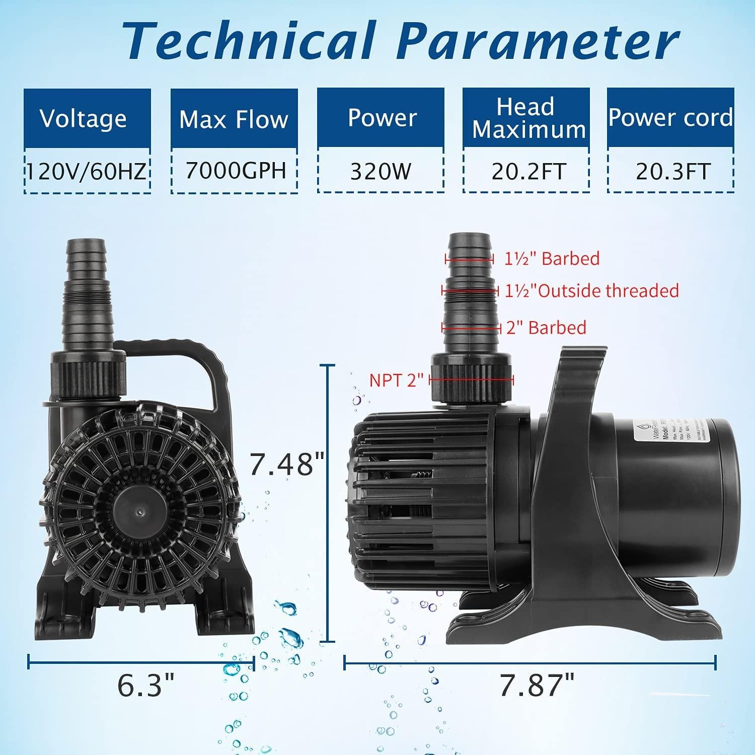 WaterRebirth (7000GPH-320W, UL listed) High Flow Submersible Water Pump - Pond Pump - Submersible Pump - Water Fountain Pump - Aquarium Pump ,PS- 7000