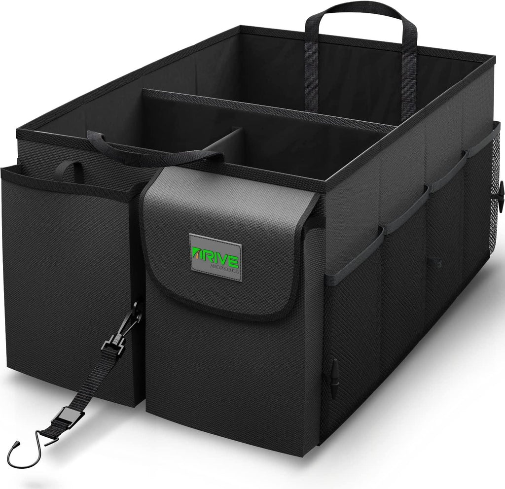 Drive Auto Car Trunk Organizer - Collapsible, Multi-Compartment Automotive SUV Car Organizer for Storage w/Adjustable Straps - Truck &amp; Car Accessories for Women and Men - Black