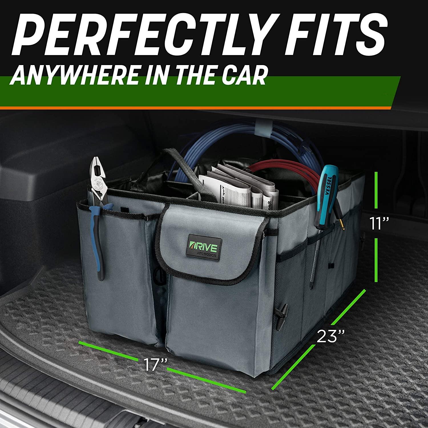 Drive Auto Car Trunk Organizer - Collapsible, Multi-Compartment Automotive SUV Car Organizer for Storage w/Adjustable Straps - Truck &amp; Car Accessories for Women and Men - Black