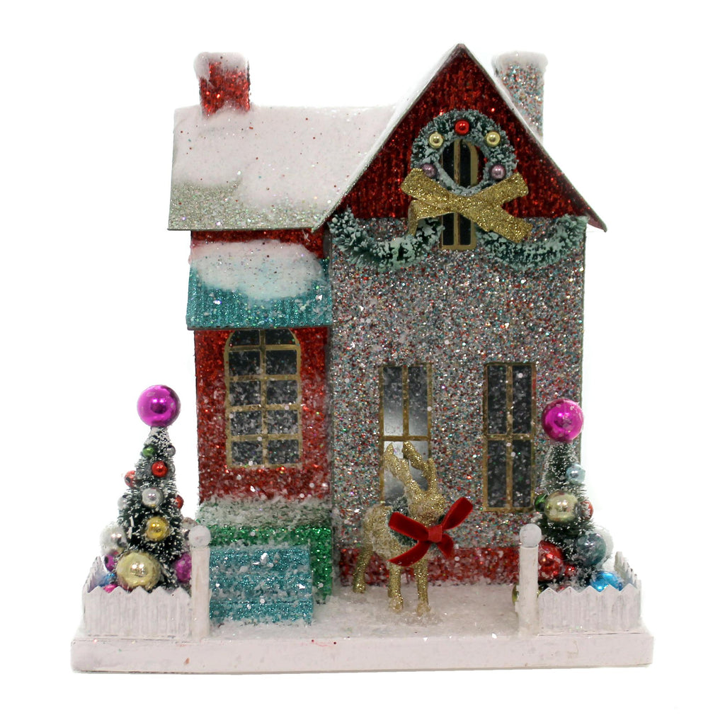 Cody Foster Merry &amp; Bright Glitter Cottage Putz House Reindeer Christmas Hou275