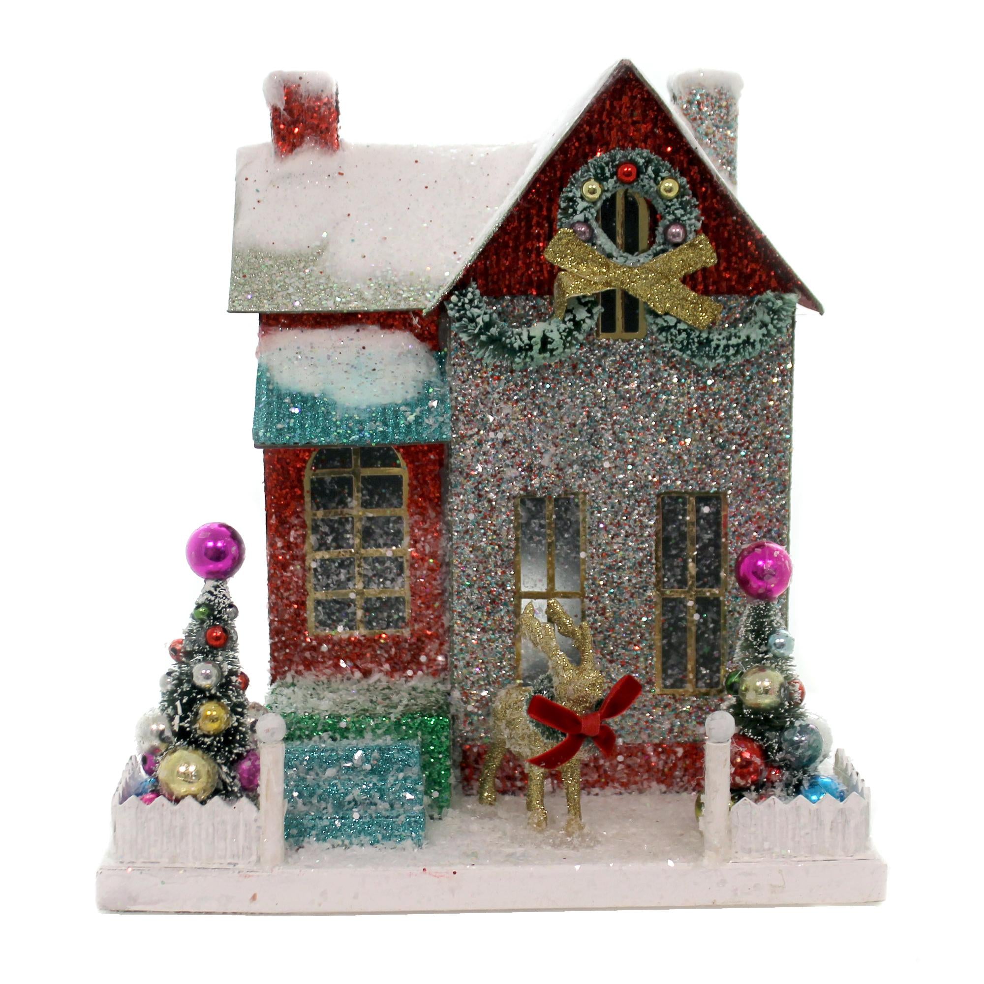 Cody Foster Merry &amp; Bright Glitter Cottage Putz House Reindeer Christmas Hou275