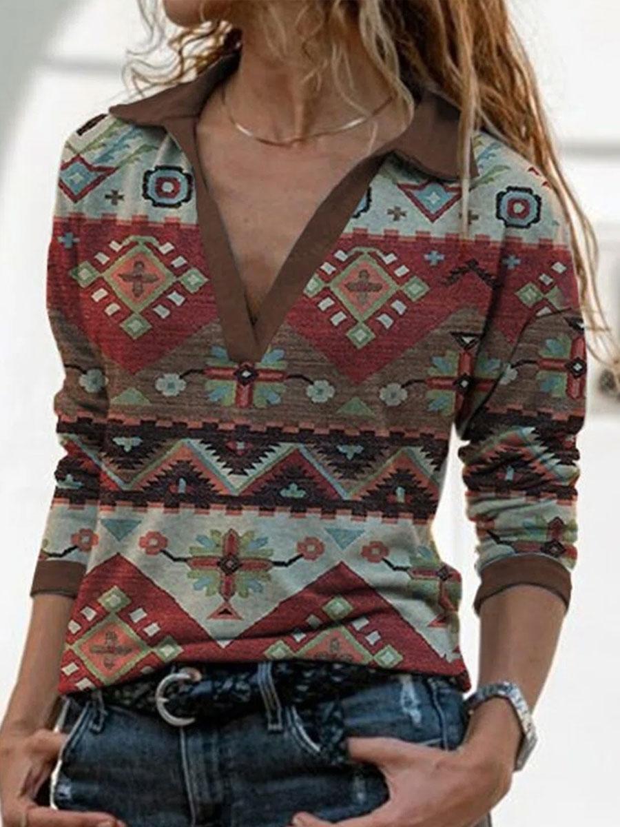 Retro Geometric Print Casual Long-sleeved T-shirt