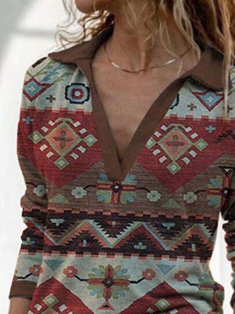 Retro Geometric Print Casual Long-sleeved T-shirt