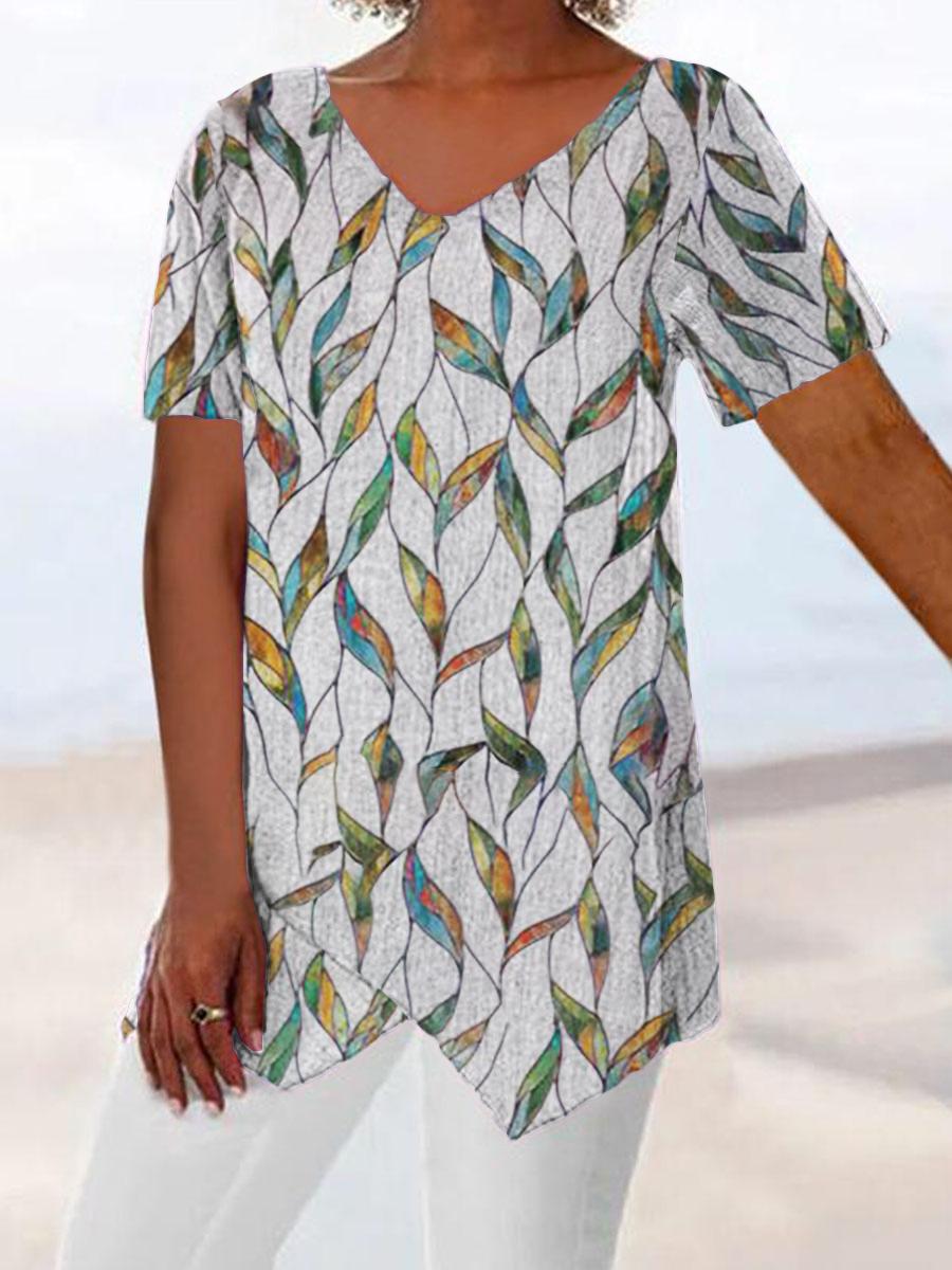 Women Casual Short Sleeves V-neck Leaf Print Top
