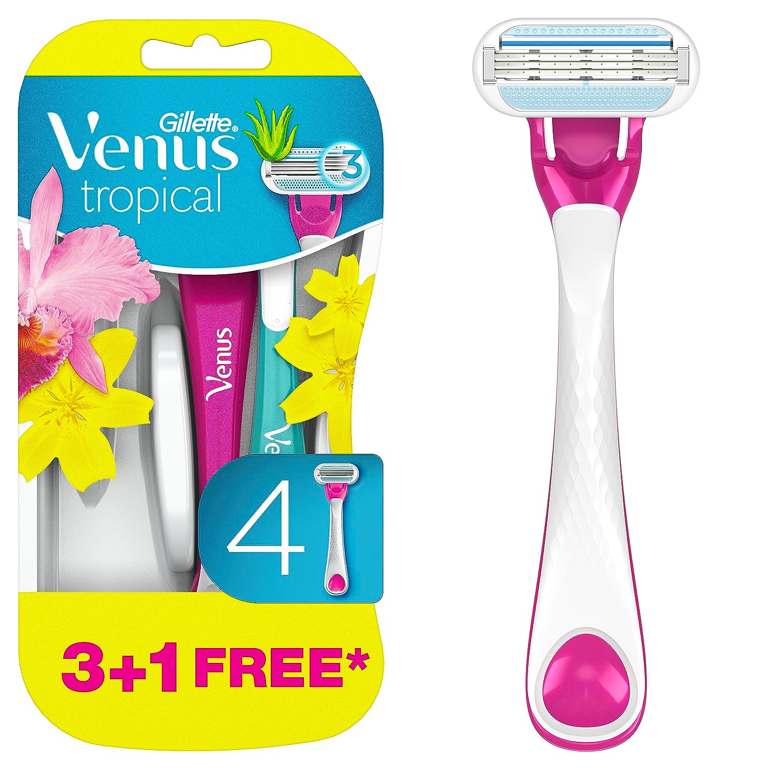 Gillette Venus Tropical Disposable Razors for Women, 3 Count, Designed for a Smooth Shave, Tropical Fragrance Scented Handles