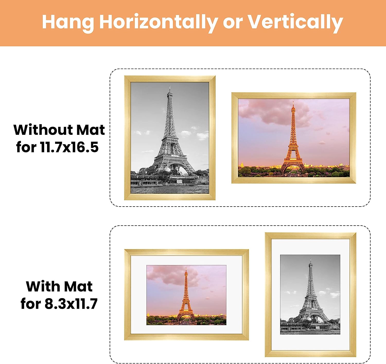 upsimples A3 Picture Frame Set of 5, Display Pictures 8.3x11.7 with Mat or 11.7x16.5 Without Mat, Wall Gallery Poster Frames, Gold