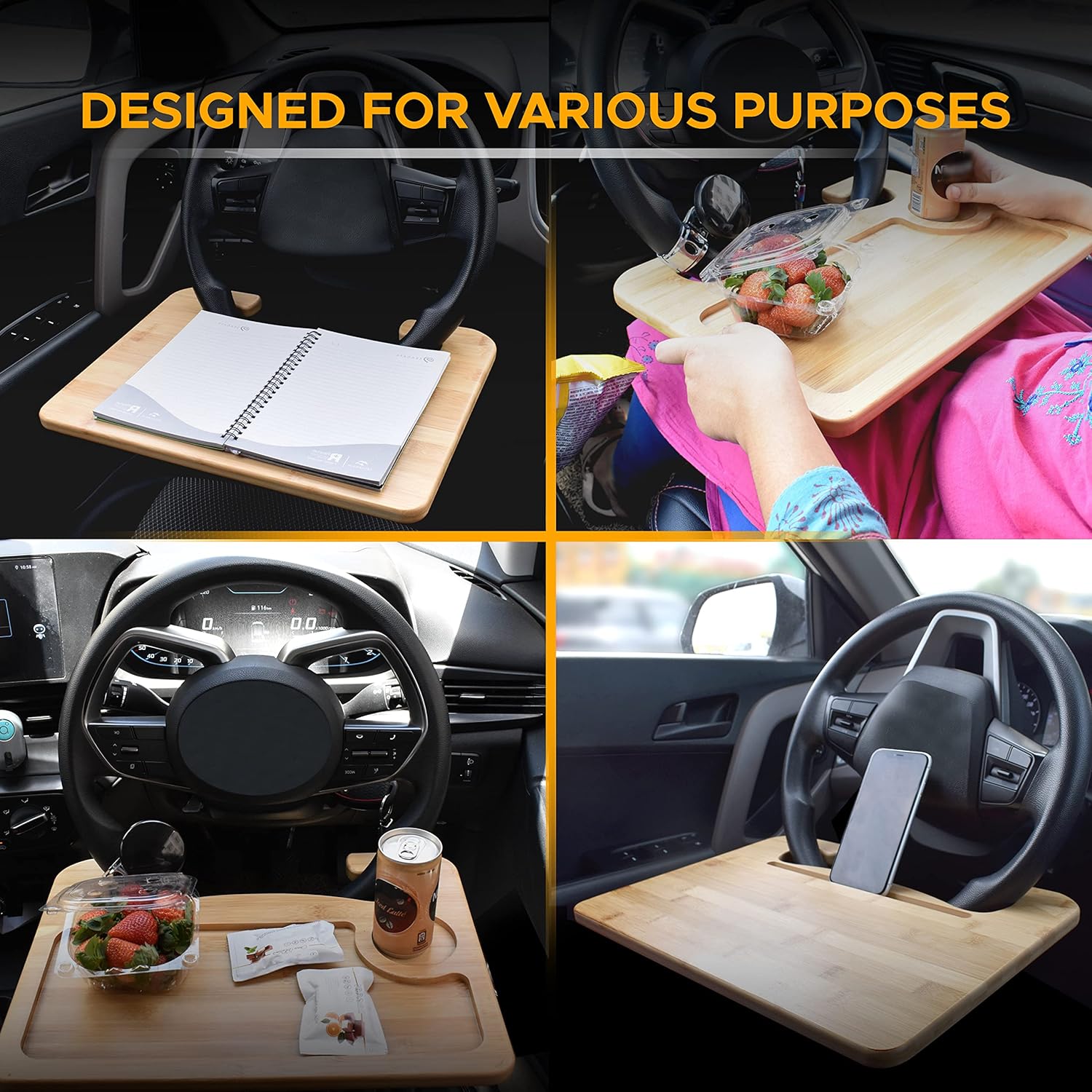 EcoNour 2 in 1 Car Steering Wheel Tray | Car Lap Desk for Convenient Working | Bamboo Trays for Eating | Interior Accessories for Truck Drivers | Lightweight Wooden Tray for Car with Easy Storage