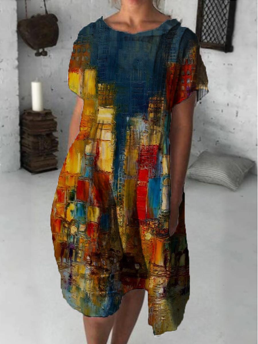 Fashion Art Print Short Sleeve Midi Dress Women