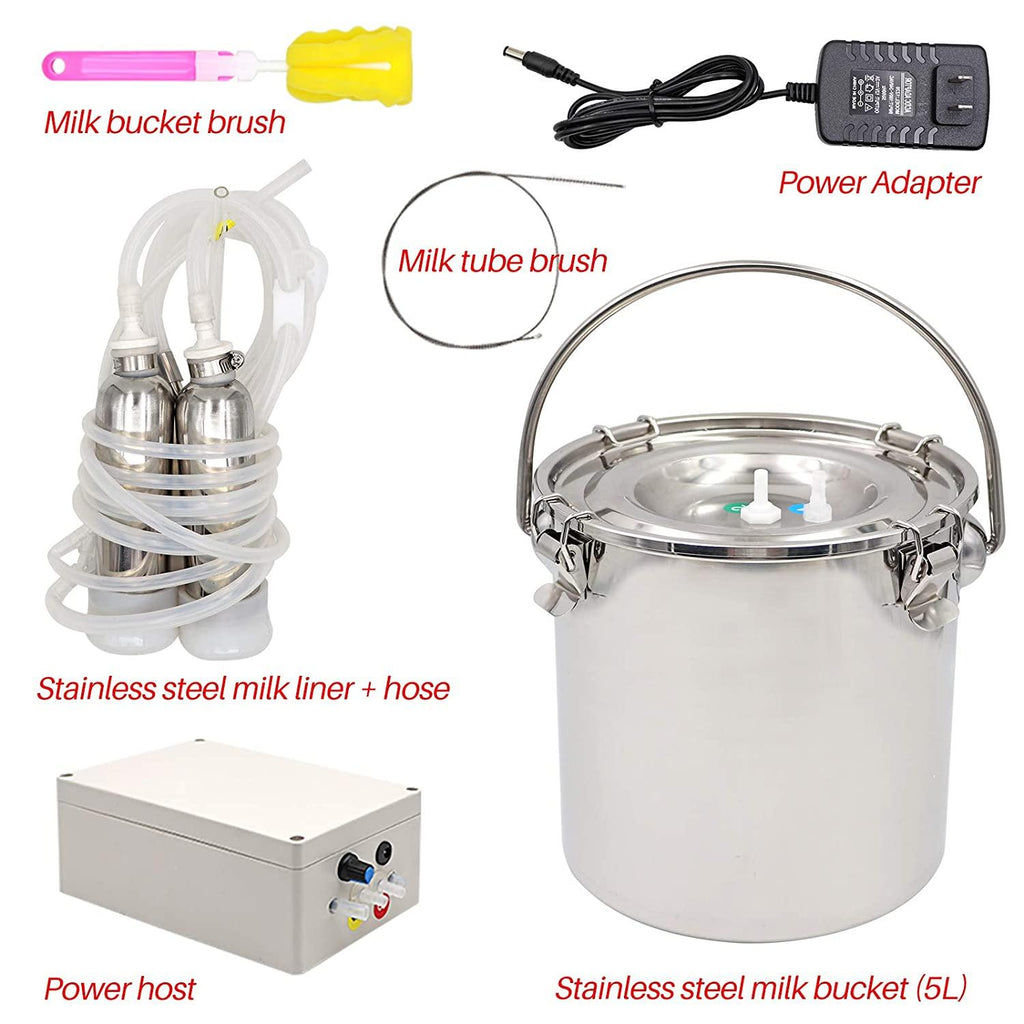 5L MilMachine Kit for Cow Goat Sheep Portable  Steel Bucket Suction Milker with 2 Teat Cups (Cow)