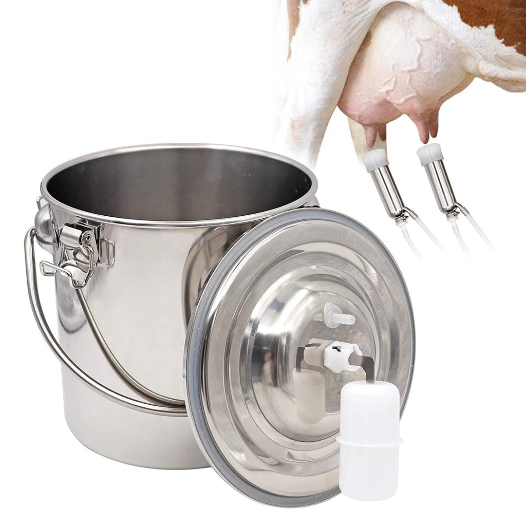5L MilMachine Kit for Cow Goat Sheep Portable  Steel Bucket Suction Milker with 2 Teat Cups (Cow)