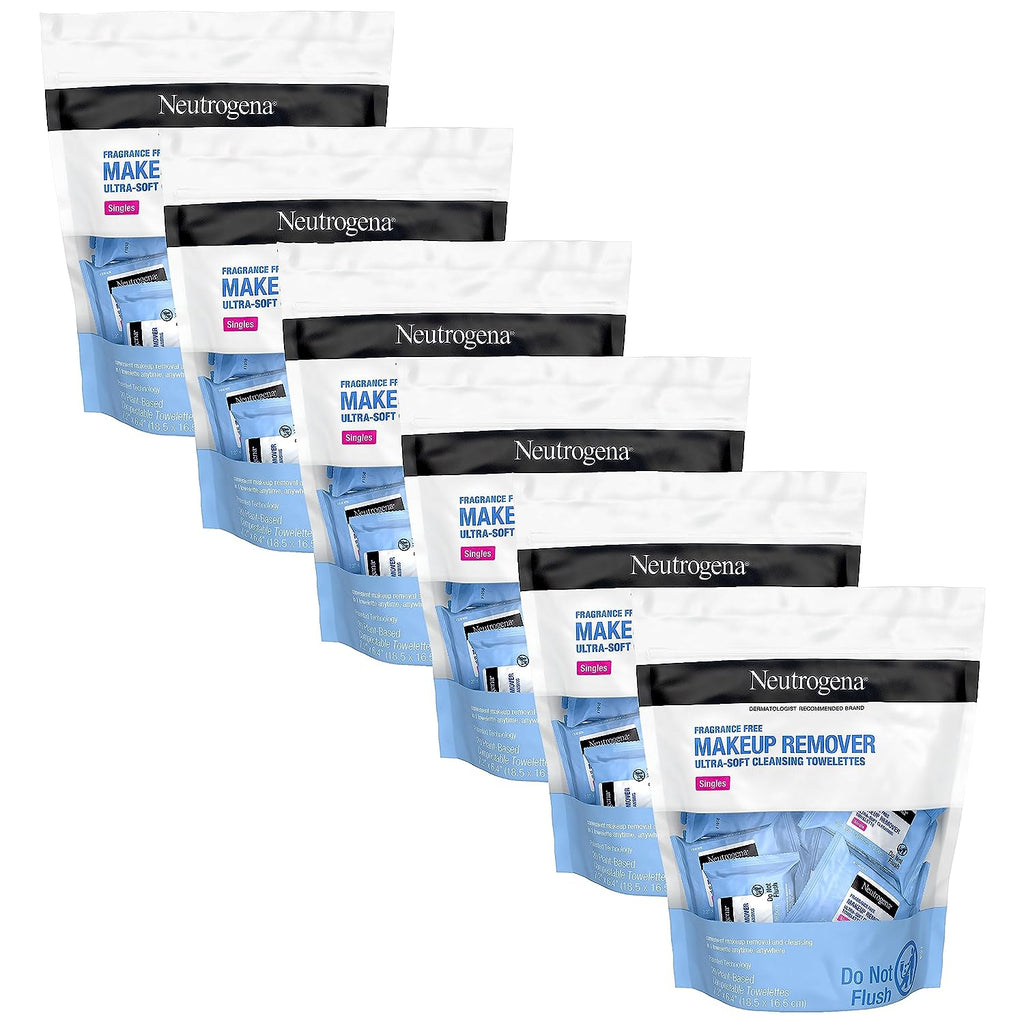 Neutrogena Fragrance-Free Makeup Remover Cleansing Towelette Singles, Individually-Wrapped Daily Face Wipes to Remove Dirt, Oil, Makeup &amp; Waterproof Mascara for Travel &amp; On-the-Go, 20 ct (Pack of 6)