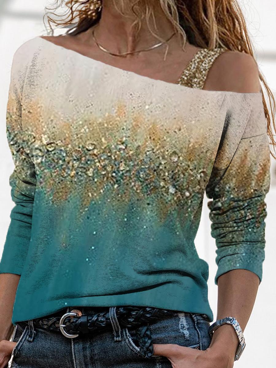 Art Print Color Block Off-shoulder Long Sleeve Top Women