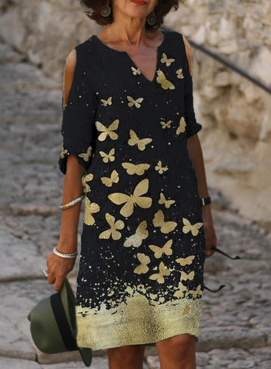 Fashion Butterfly Print Off-shoulder V-neck Dress Women