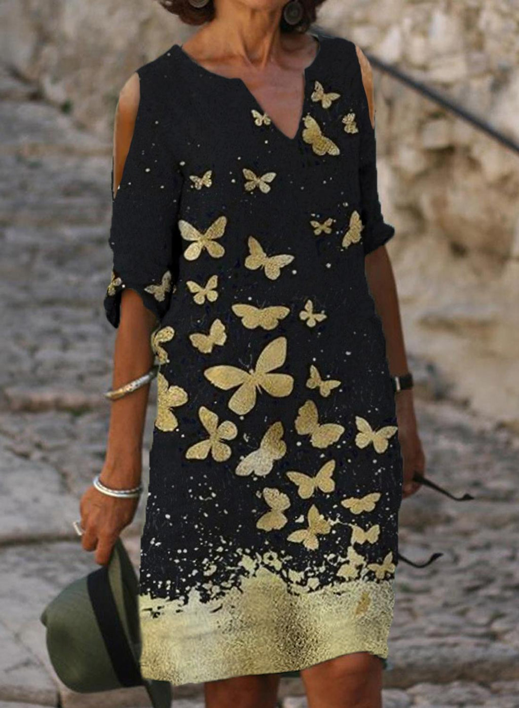 Fashion Butterfly Print Off-shoulder V-neck Dress Women