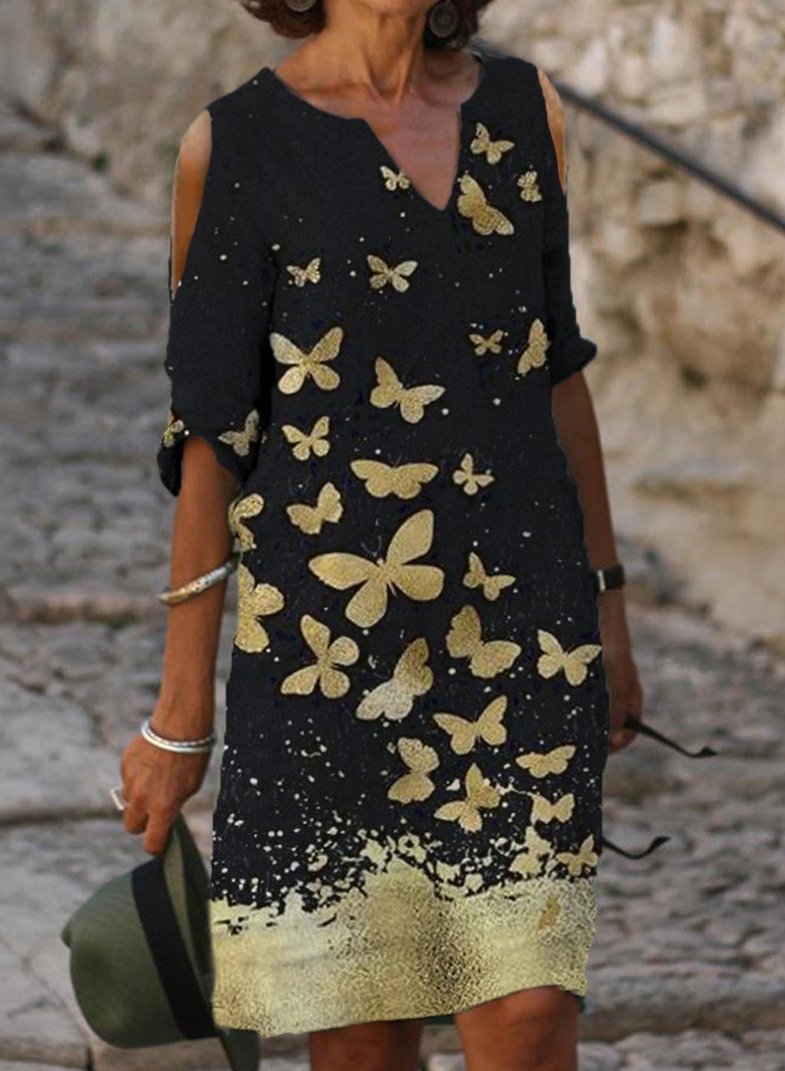 Fashion Butterfly Print Off-shoulder V-neck Dress Women