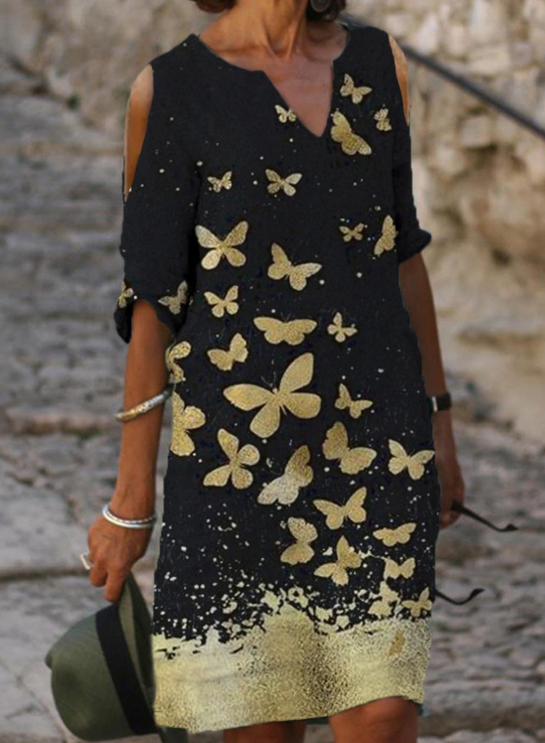 Fashion Butterfly Print Off-shoulder V-neck Dress Women