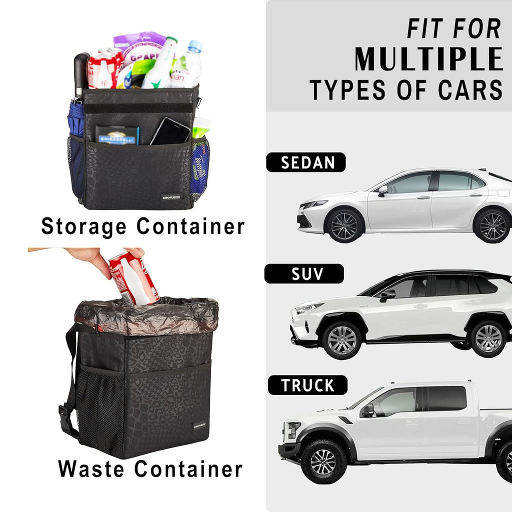 SIBOFUEGO Cute Car Trash Can with Lid - Leak Proof Bag Hanging Waterproof Garbage Storage Pockets Multipurpose Collapsible Organizer (Black Leopard)