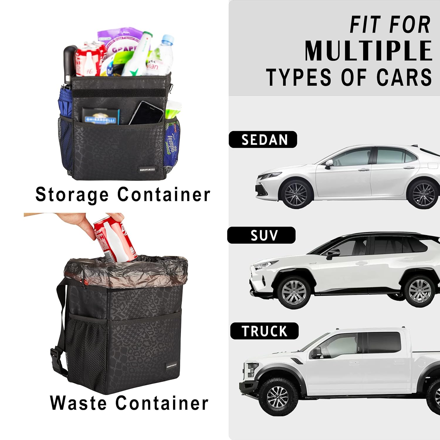SIBOFUEGO Cute Car Trash Can with Lid - Leak Proof Bag Hanging Waterproof Garbage Storage Pockets Multipurpose Collapsible Organizer (Black Leopard)